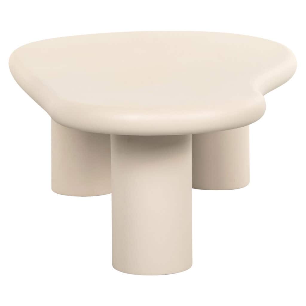 Modern beige coffee table with a unique shape and sturdy base.