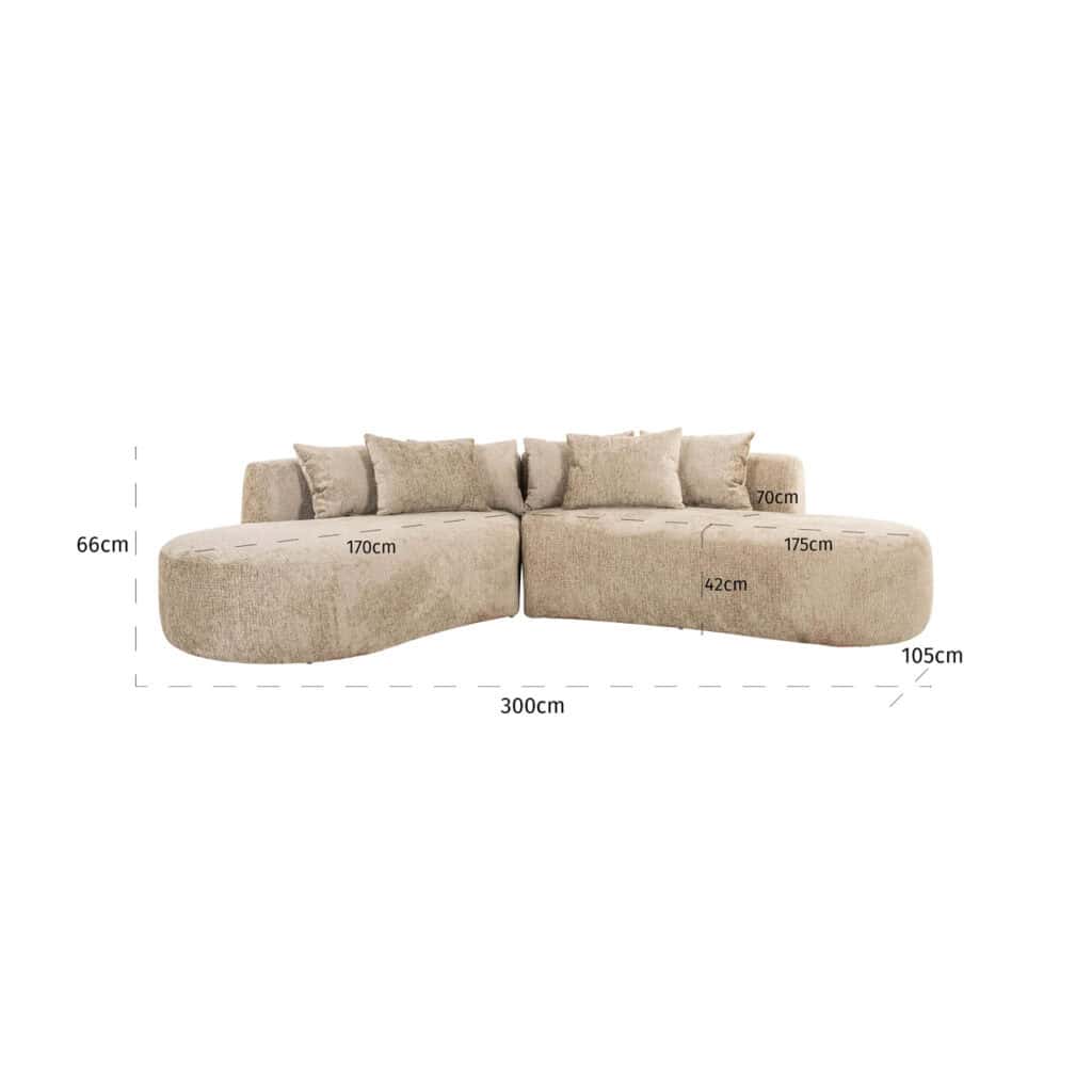 Luxe beige hoekbank met kussens, modern design, afmetingen 300x105x66 cm, comfortabele zithoek.