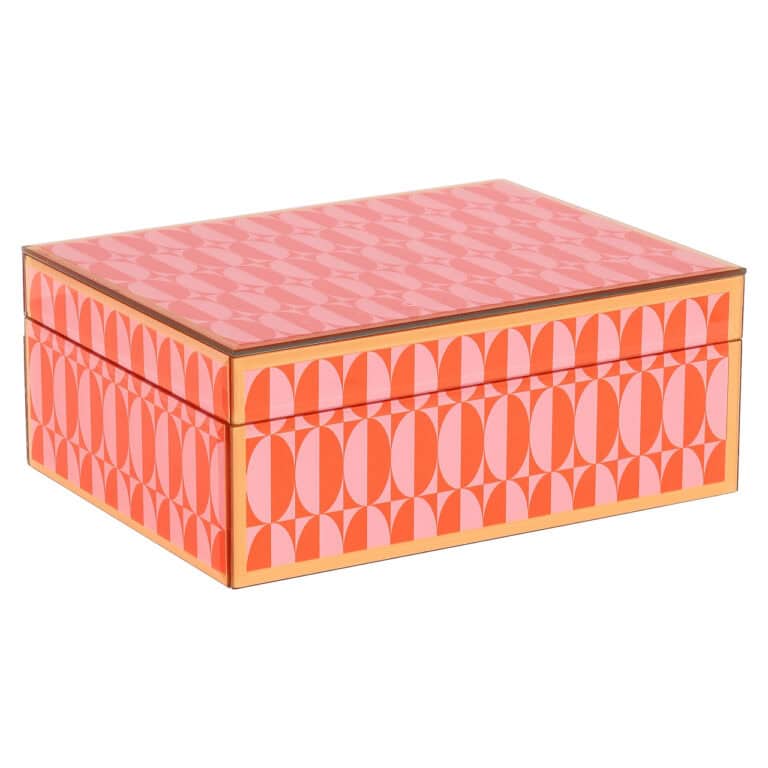 Boîte de rangement au design vintage avec un motif géométrique rose et orange.