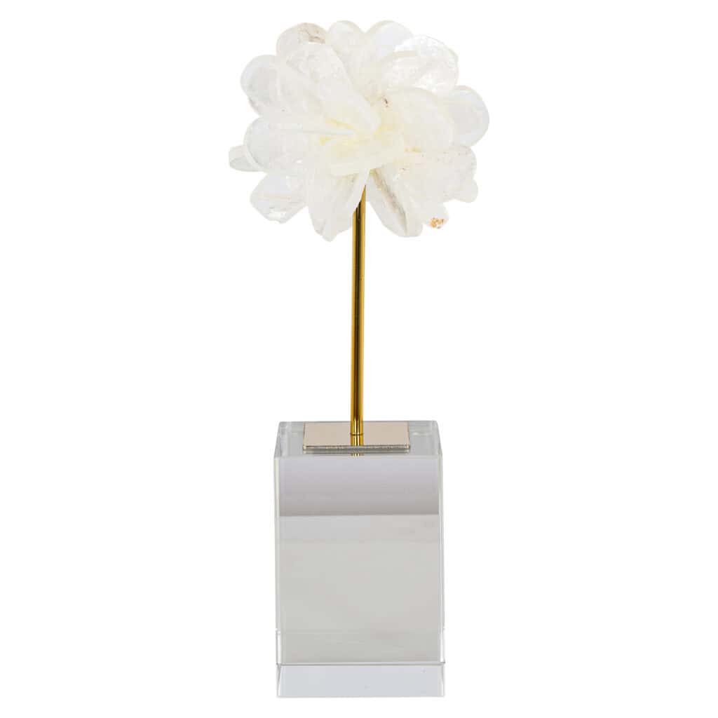 Fleur décorative blanche Eline sur tige dorée, dans un socle en verre.