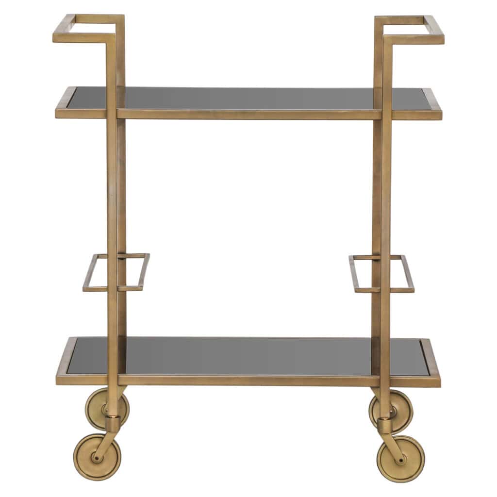 Luxuriöser Trolley Xo Goldverzierungen und schwarzen Regalböden zur Innendekoration.