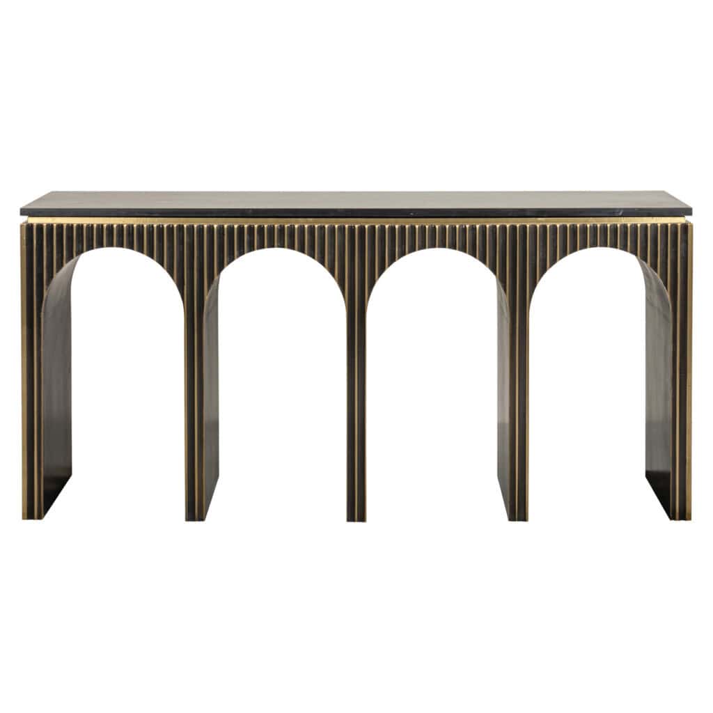 Elegant console table withgold  brushed gold and an architectural design.