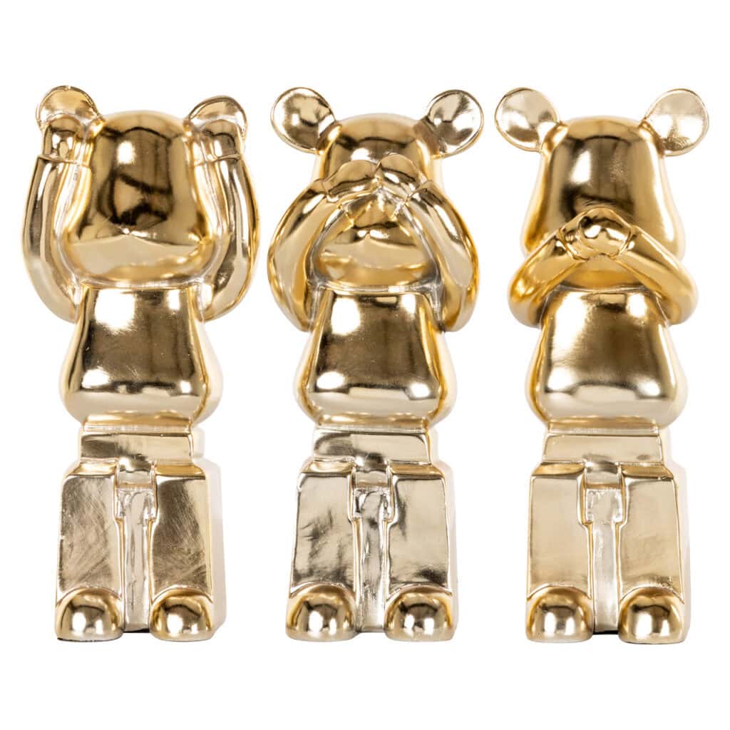 Set van 3 gouden decoratieve berenbeelden met verschillende uitdrukkingen.