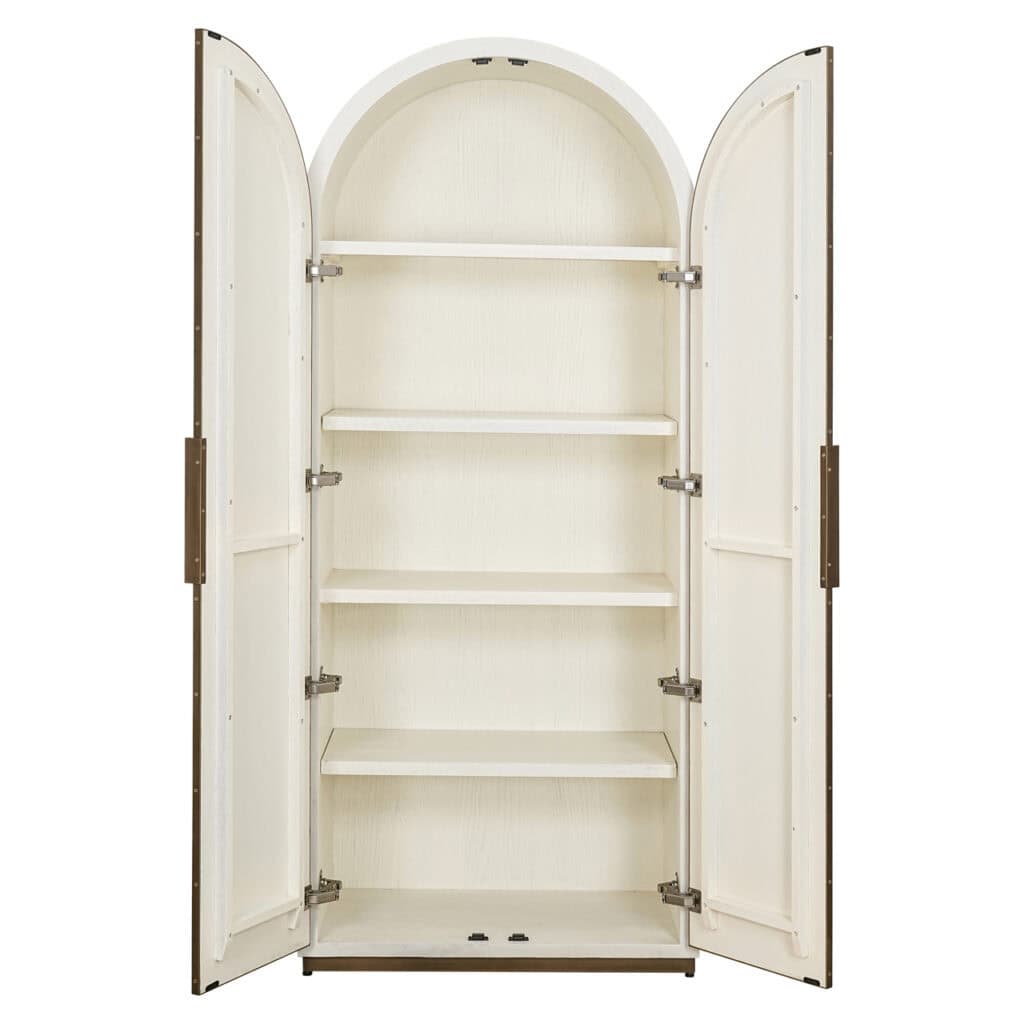 Elegante witte kast met dubbele deuren en open bovenkant, perfect voor moderne interieurdecoratie.
