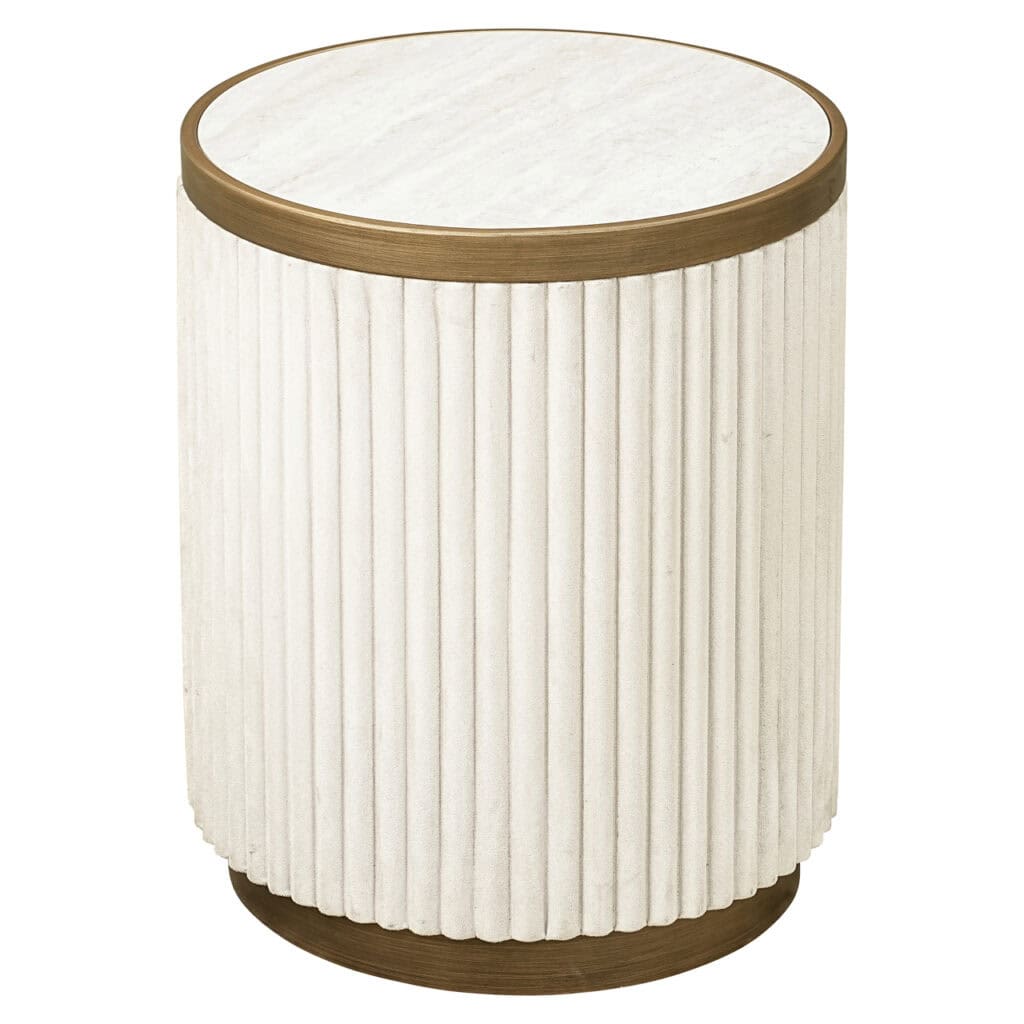 Bijzettafel Tivoli wit met ronde vorm en ribbelstructuur.