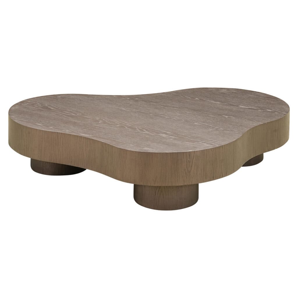 Modern wooden coffee table with a unique organic shape and natural finish.