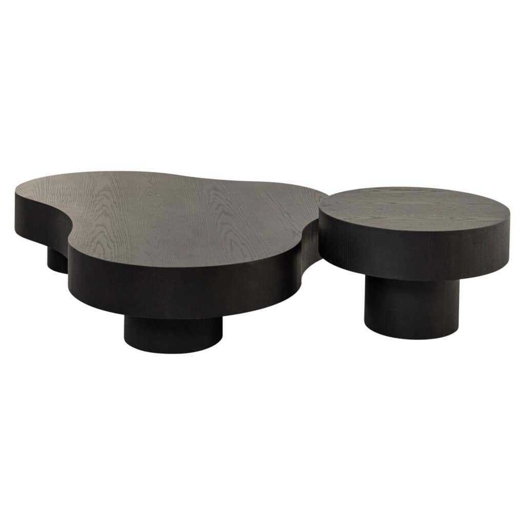 Modern coffee table set with two round, asymmetrical tabletops.