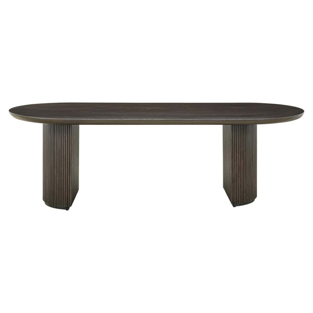 Eettafel Kingston donkerbruin met afgeronde hoeken en ribbelpoten.