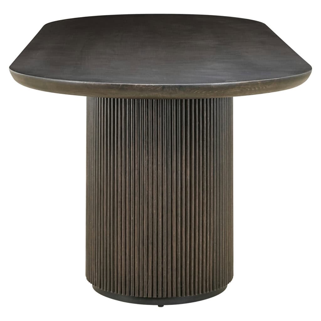 Eettafel Kingston bruin met ribbelige basis en afgeronde hoeken.