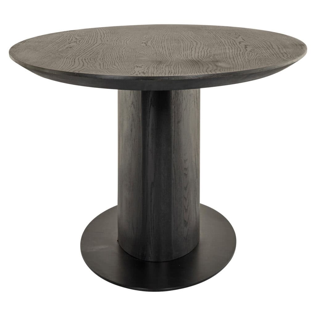 Eettafel Gordon in donker hout met ronde vorm en stevige basis.