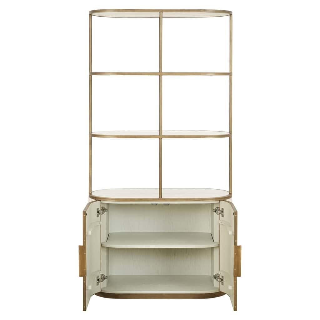 Modern wooden and metal bookcase with open shelves and storage space.