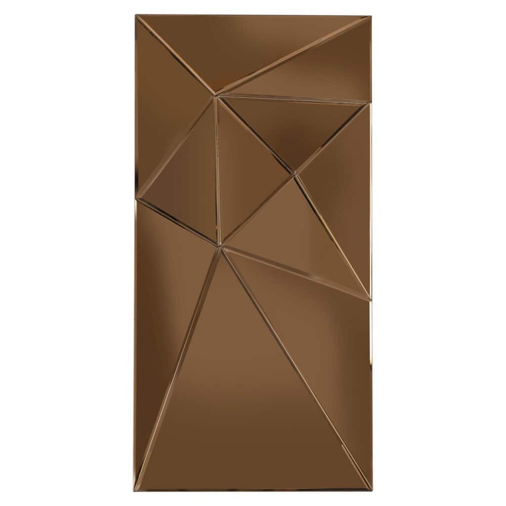 Geometrische spiegel met bruin frame voor moderne interieurs.
