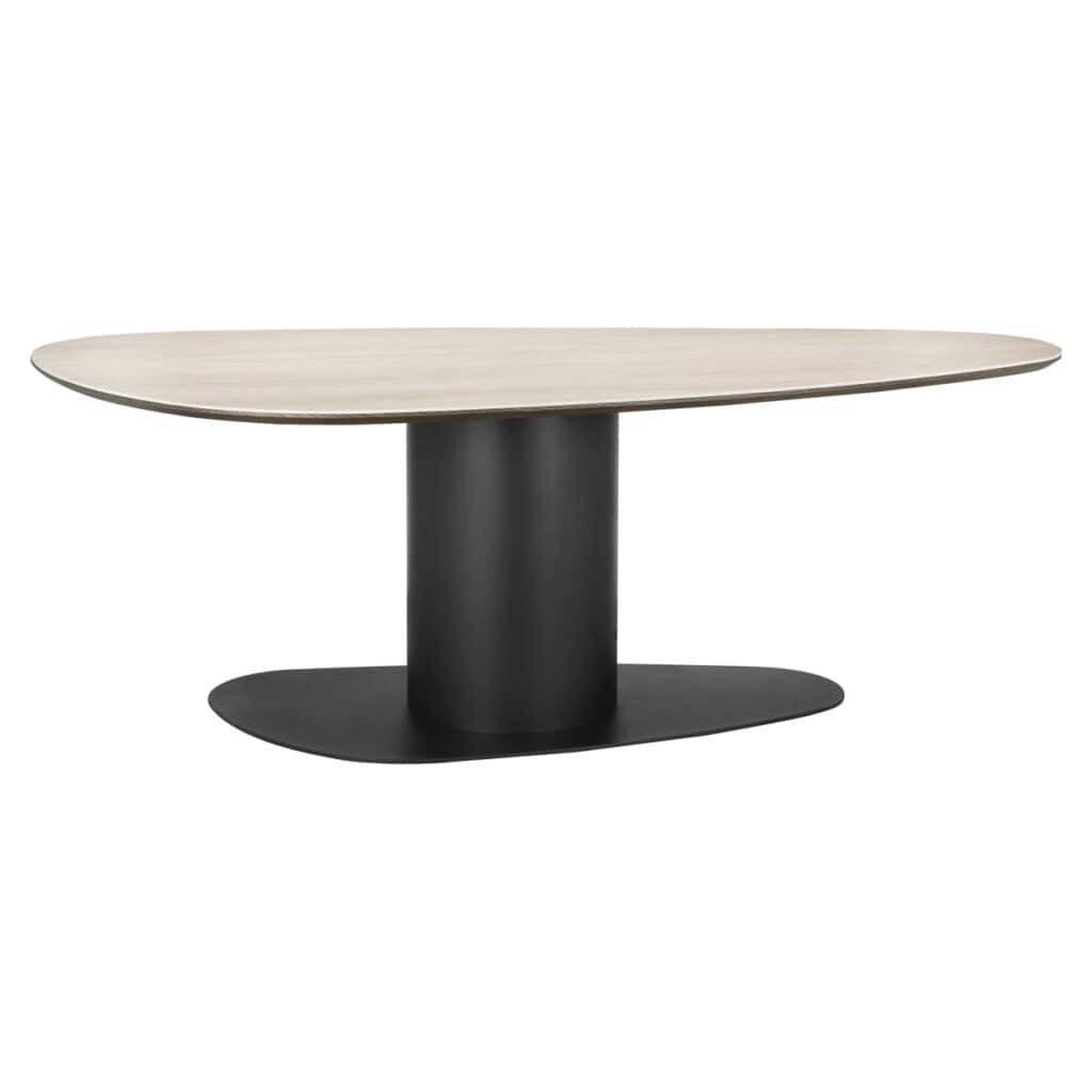 Table à dîner moderne Table à dîner plateau en bois clair et piètement noir, idéale pour les salles à manger élégantes.