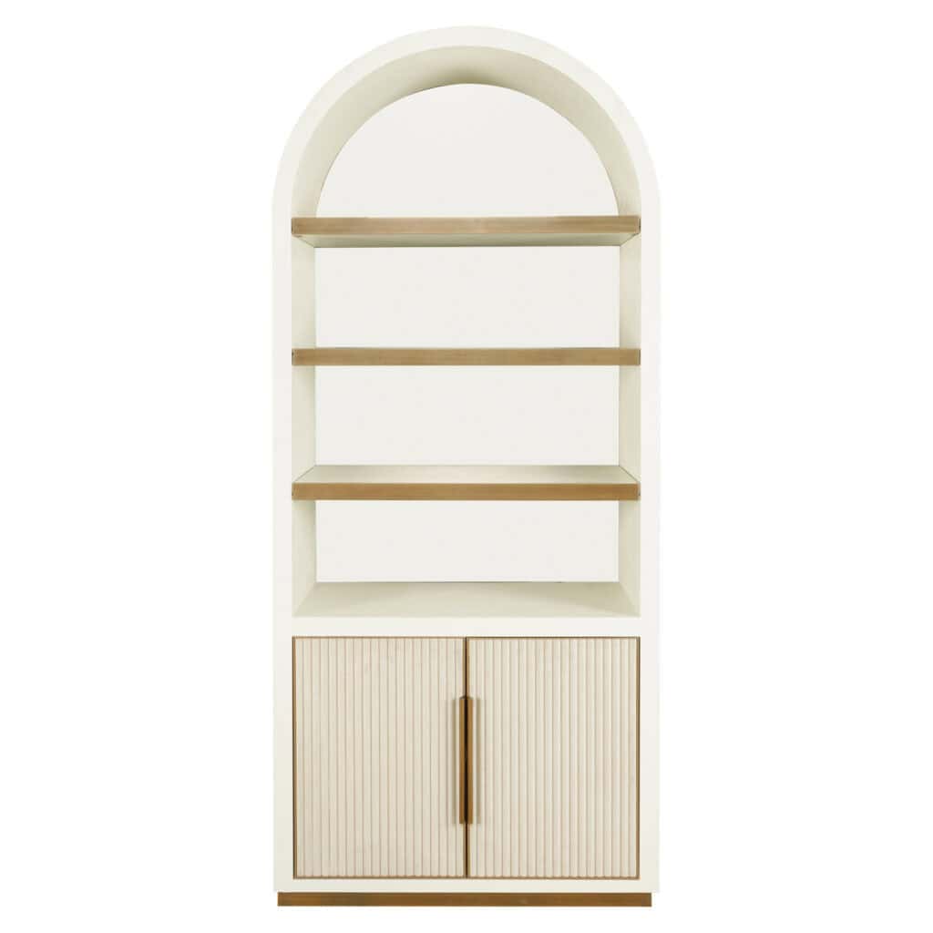 Bibliothèque moderne blanche avec planches en bois planches des espaces de rangement, au design élégant.