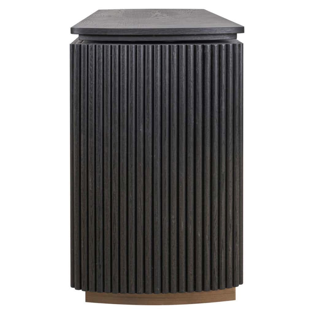 Dark brown desk with vertical ridges, modern design.