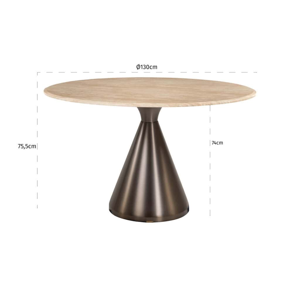 Modern round Montgomery dining table with a beige tabletop and metal base.