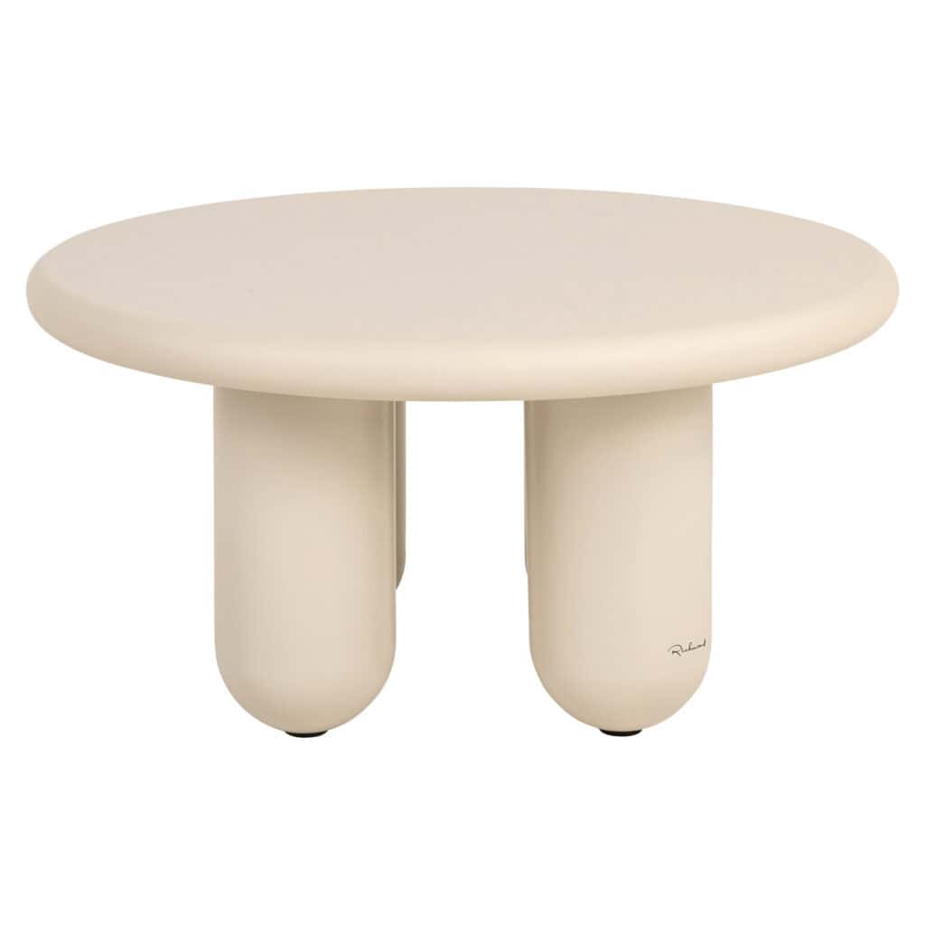 Moderne beige salontafel met uniek design en ronde vorm.