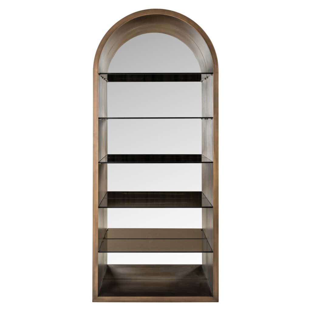 Bookcase with a wooden arch and glass shelves for stylish storage.