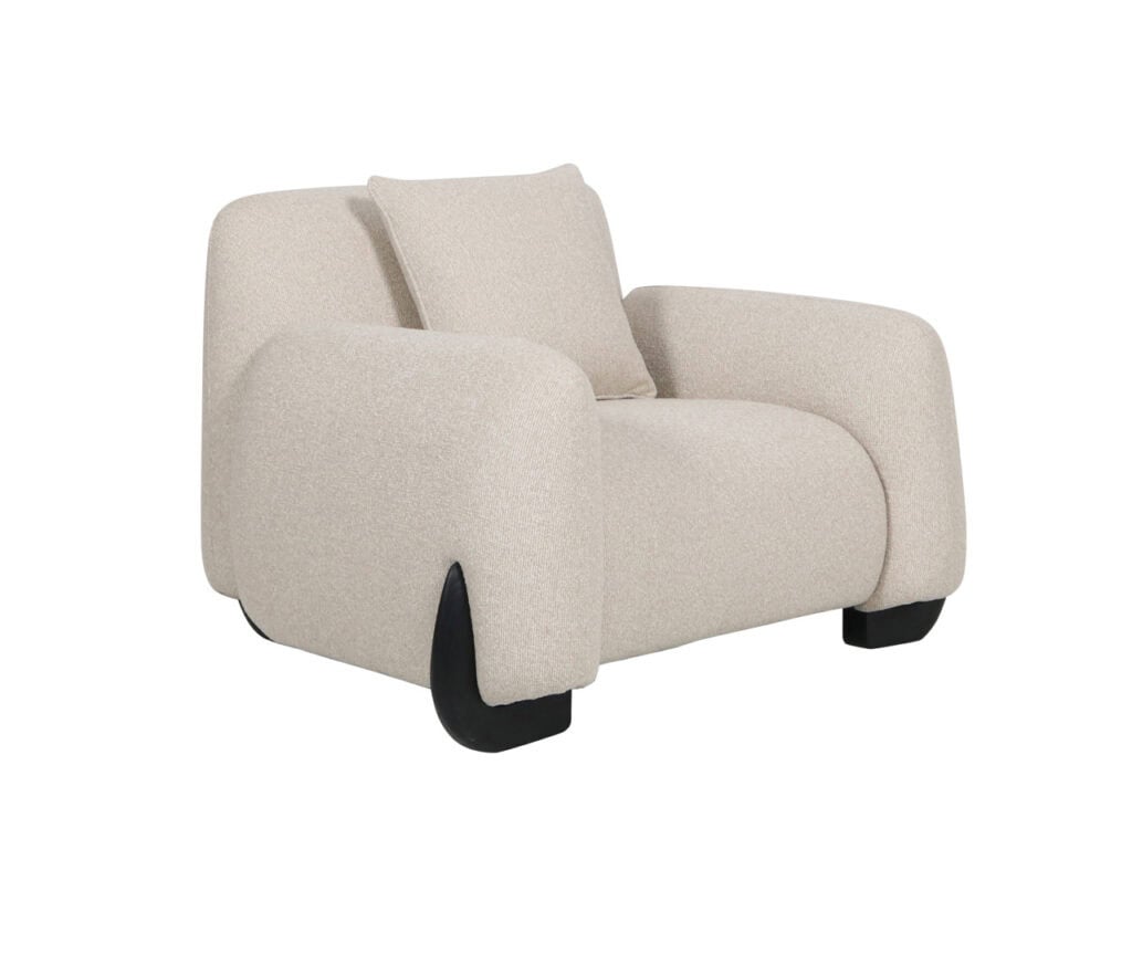 Moderner Loungesessel in Beige mit schwarzen Beinen, bequem und stilvoll.