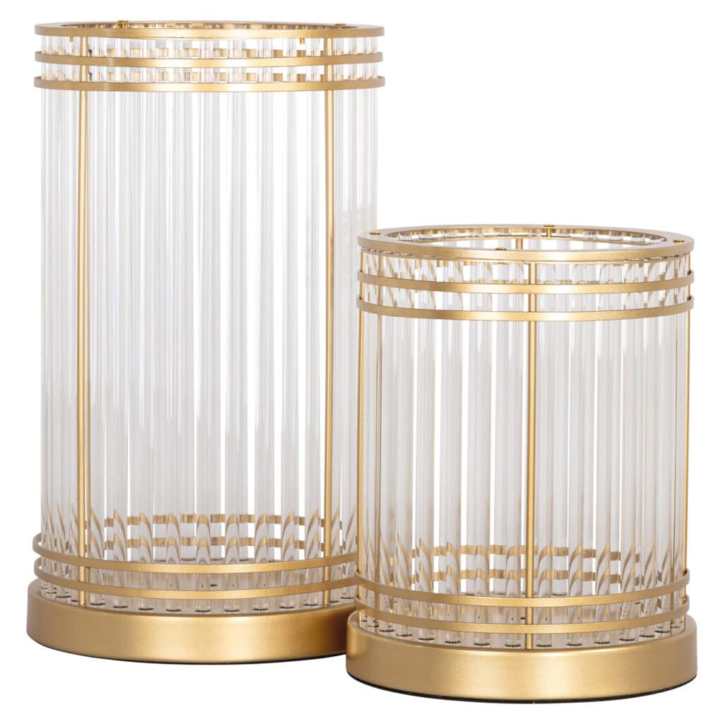 Gouden windlichten Dyara groot en klein voor interieurdecoratie.