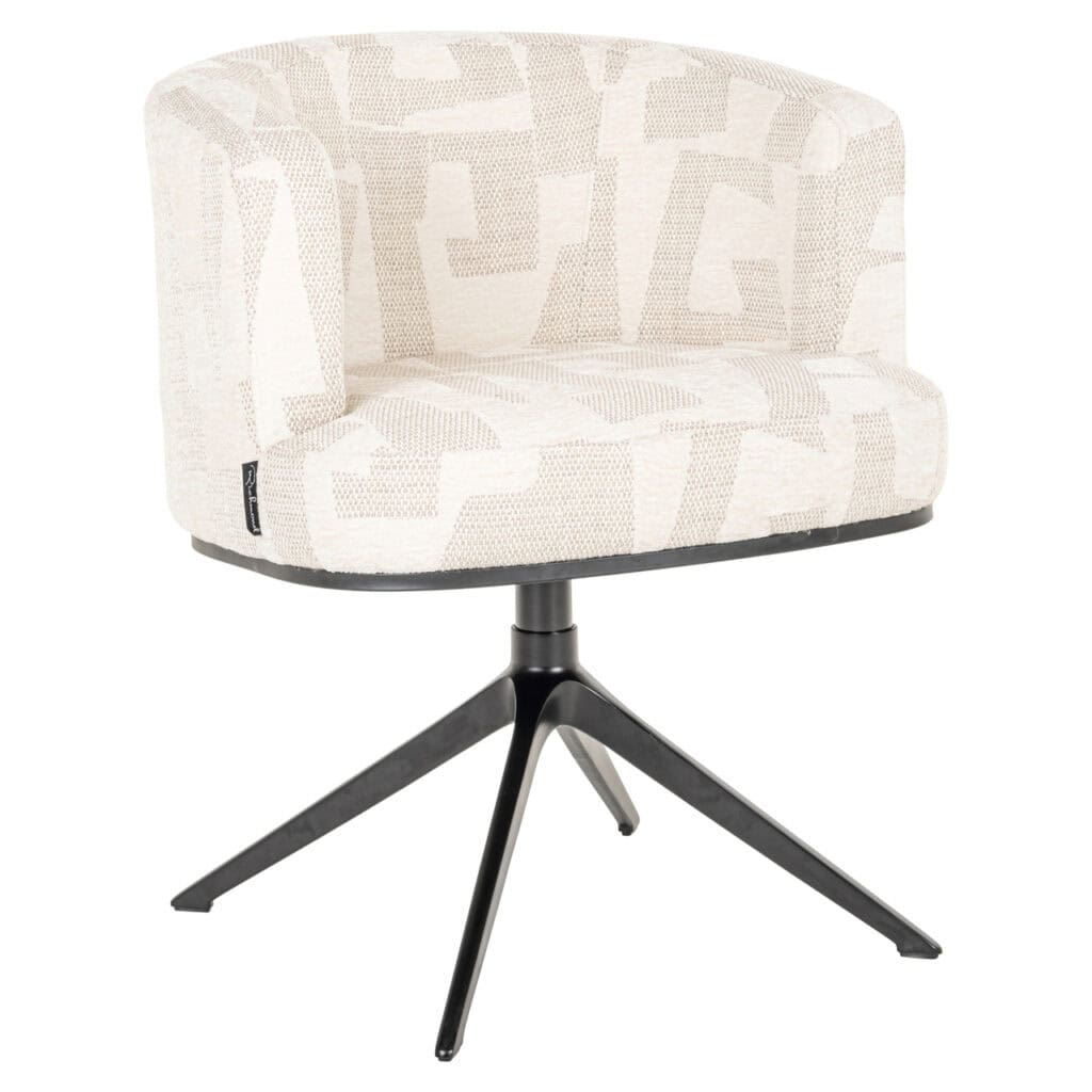 Chaise de salle à manger pivotante moderne, de couleur beige, avec un motif graphique et un piètement noir.