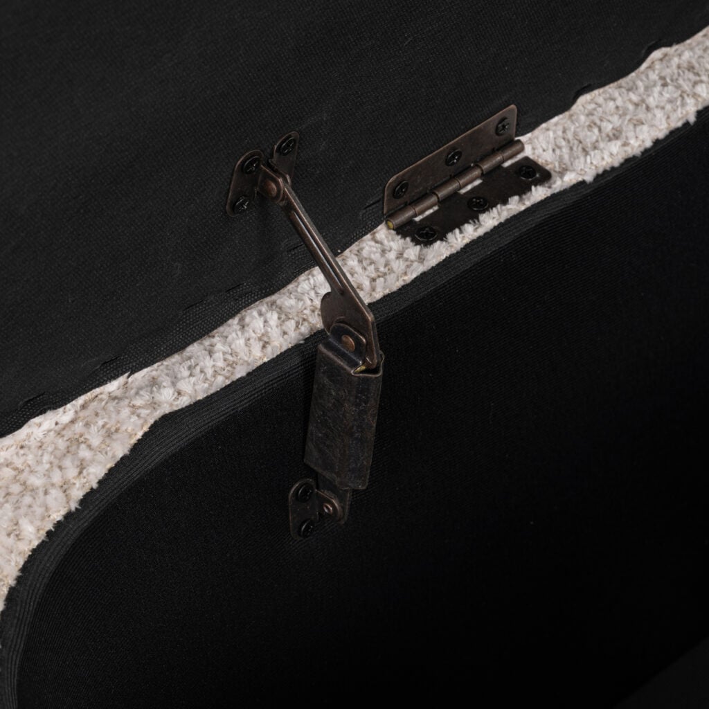 Détail d'une charnière et d'une fermeture métalliques sur un meuble.