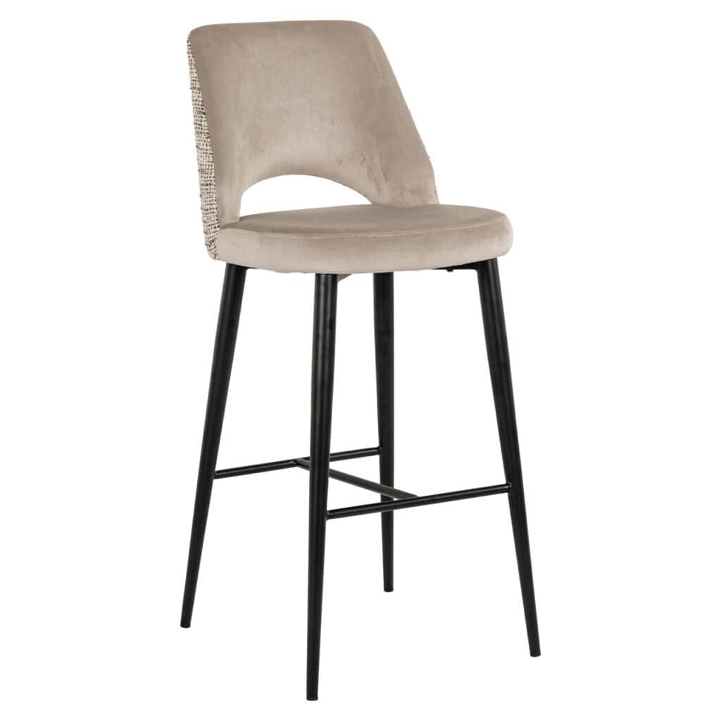 Trendy bar stool with beige upholstery and black legs for home decor.