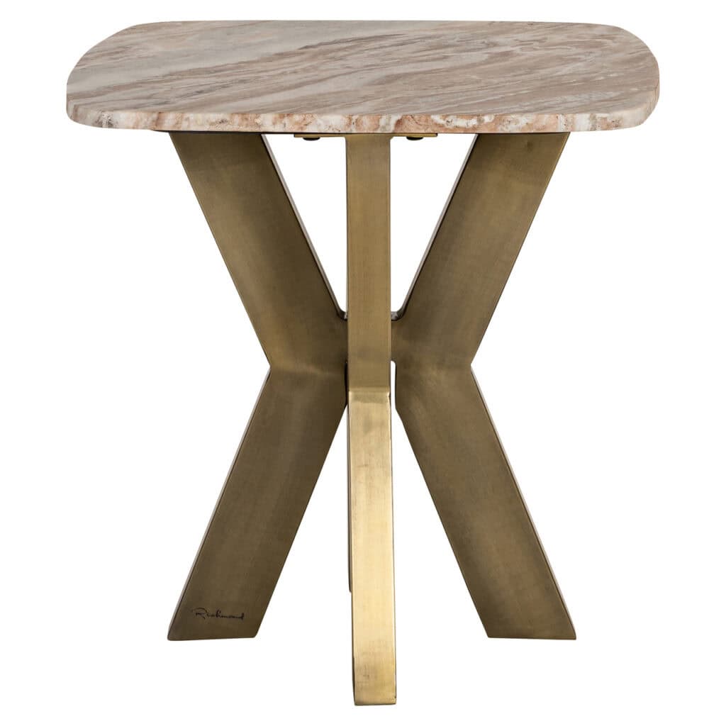 Bijzettafel Bottega Blush beige met marmeren blad en gouden onderstel.