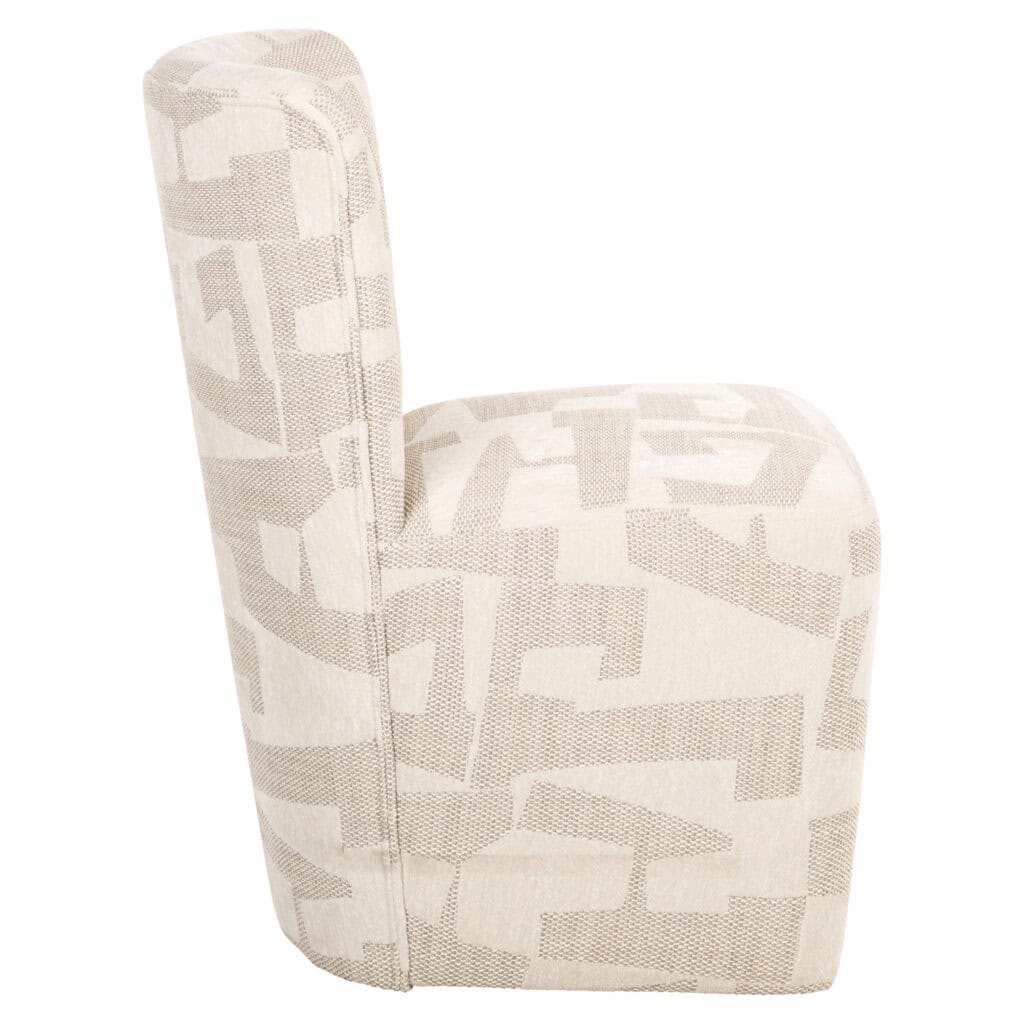 Lorain dining chair in beige with a graphic pattern and casters.