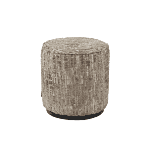 Round ottoman in greige fabric with a black base for the living room.