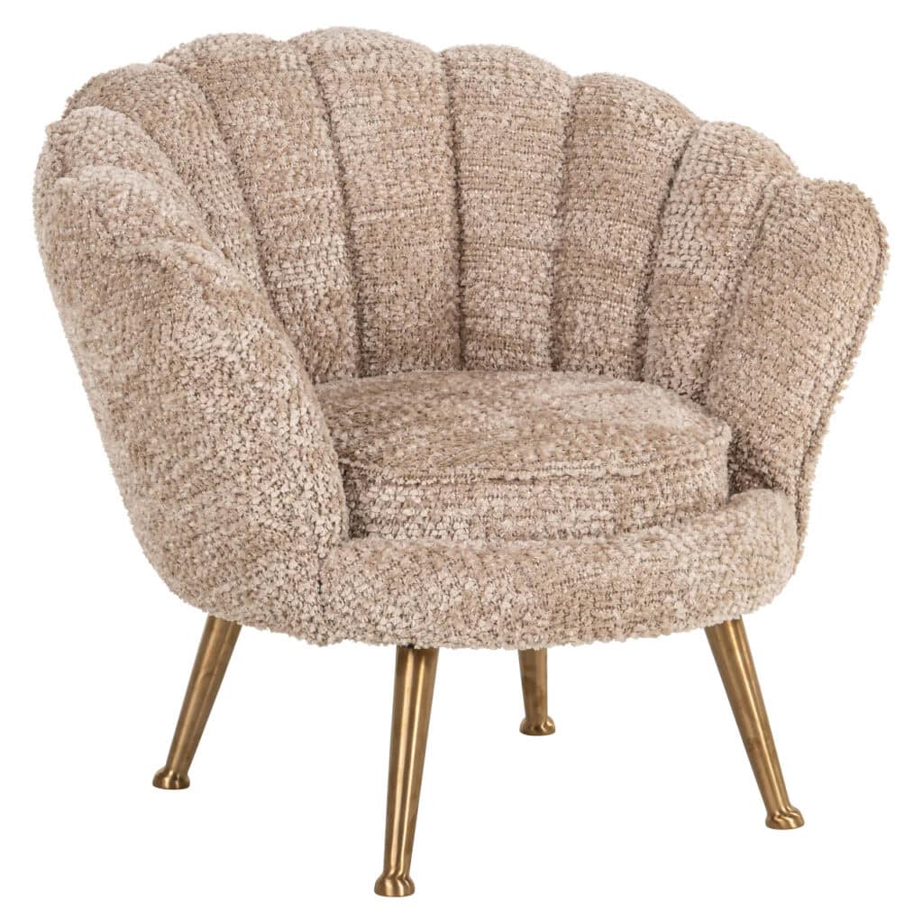Elegant beige lounge chair with gold legs for a modern interior.