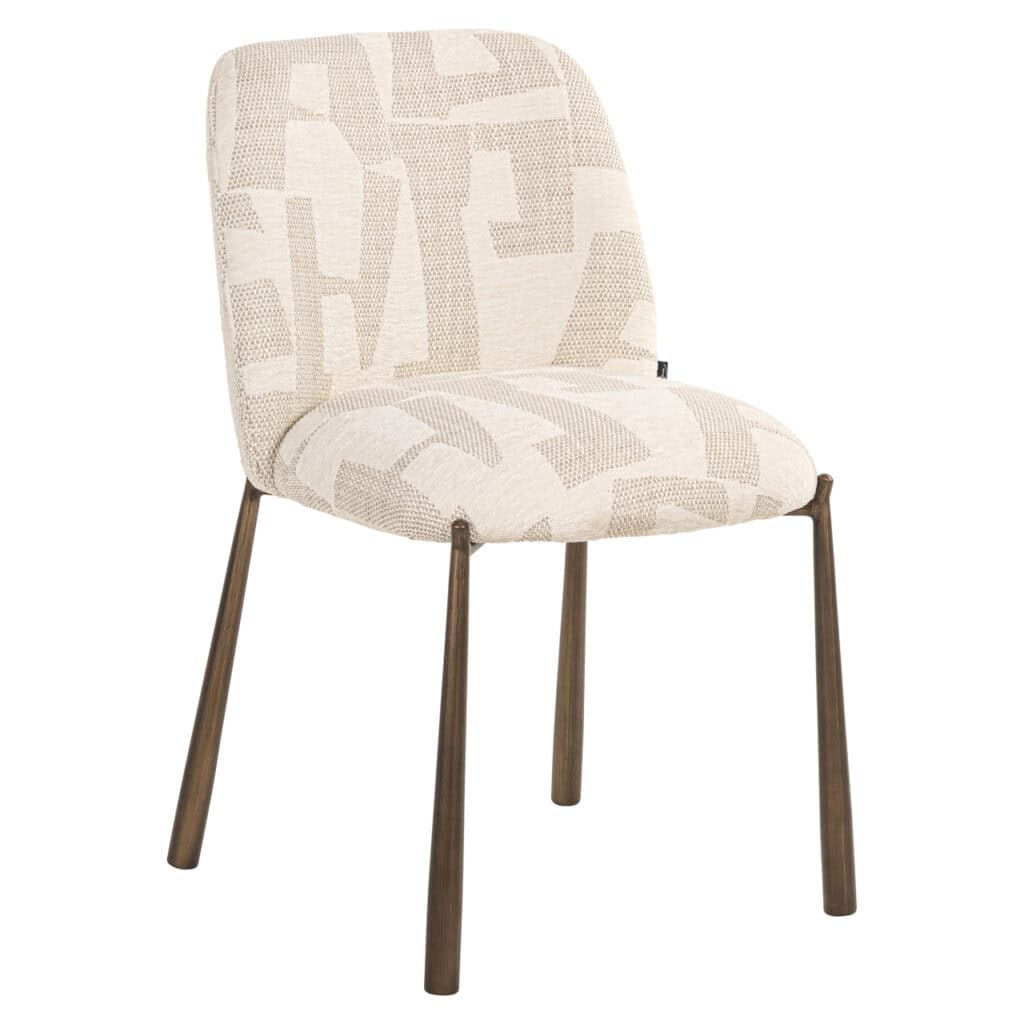 Lana dining chair with a graphic pattern and wooden legs.