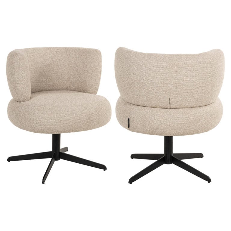 Moderne beige lounge stoelen met zwarte draaivoeten, comfortabel en stijlvol voor interieur.