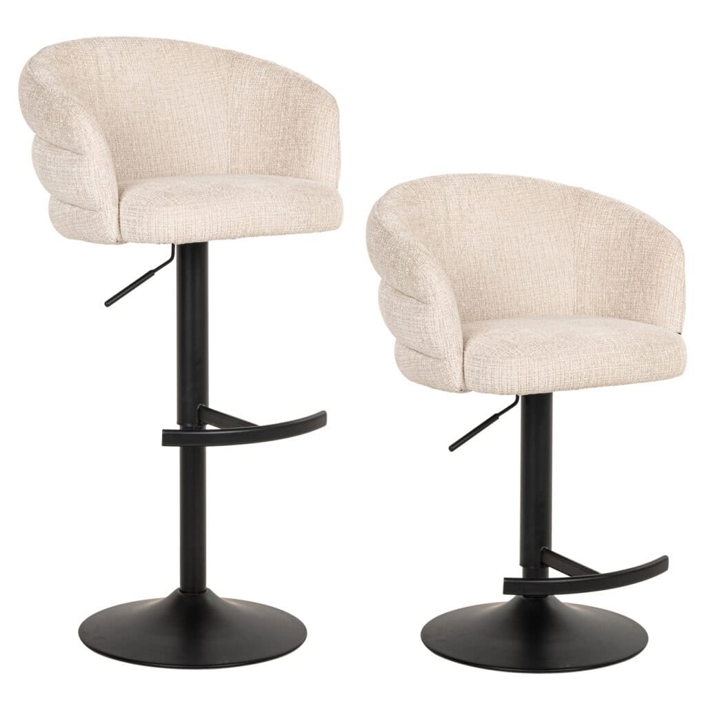Moderne beige barstoelen met draaifunctie en zwart onderstel.