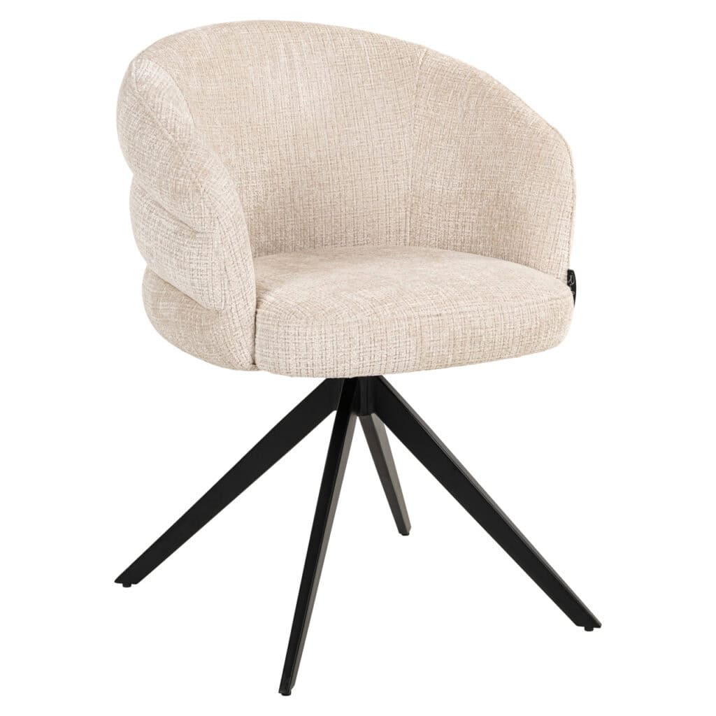 Moderne beige swivel eetkamerstoel met zwarte onderstel.