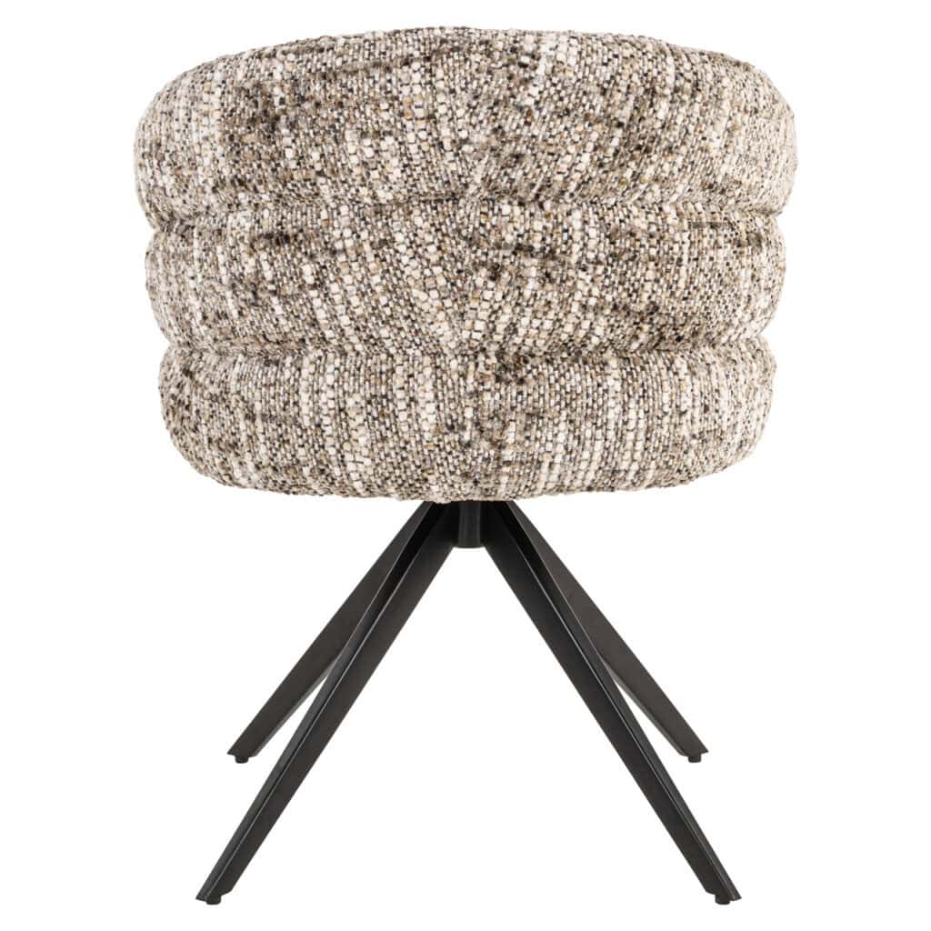 Modern brown Omara swivel dining chair with black legs.