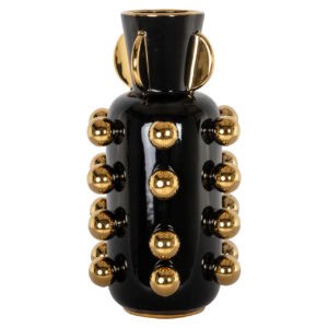 Black vase with gold decorative knobs and handles, modern design for home decor.