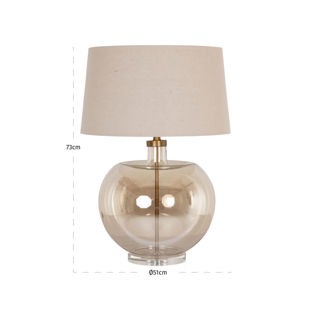 Lampe de table Jazzy, couleur ambre, avec pied en verre et abat-jour beige.