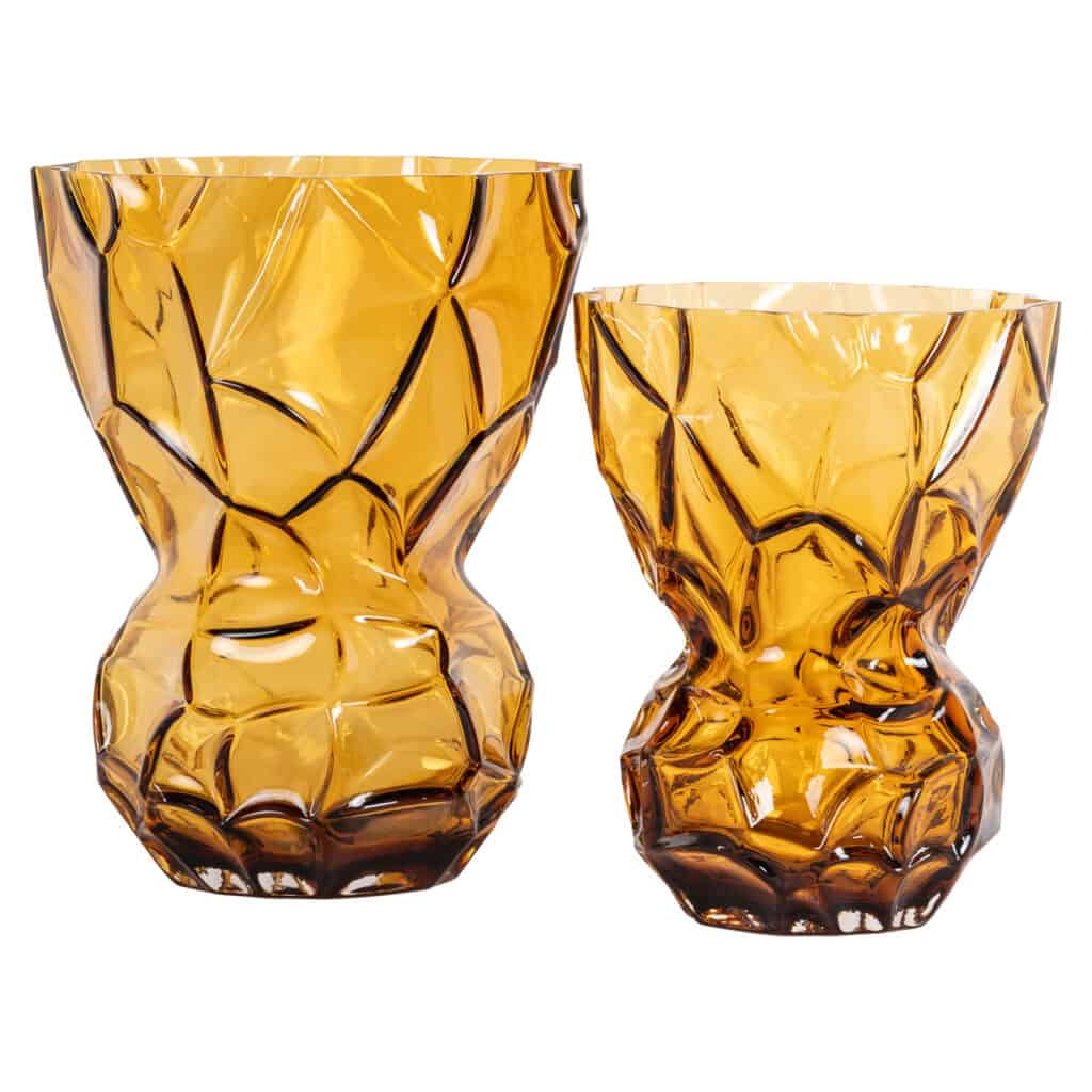 Amberkleurige Mason vaas set met unieke textuur en ontwerp.