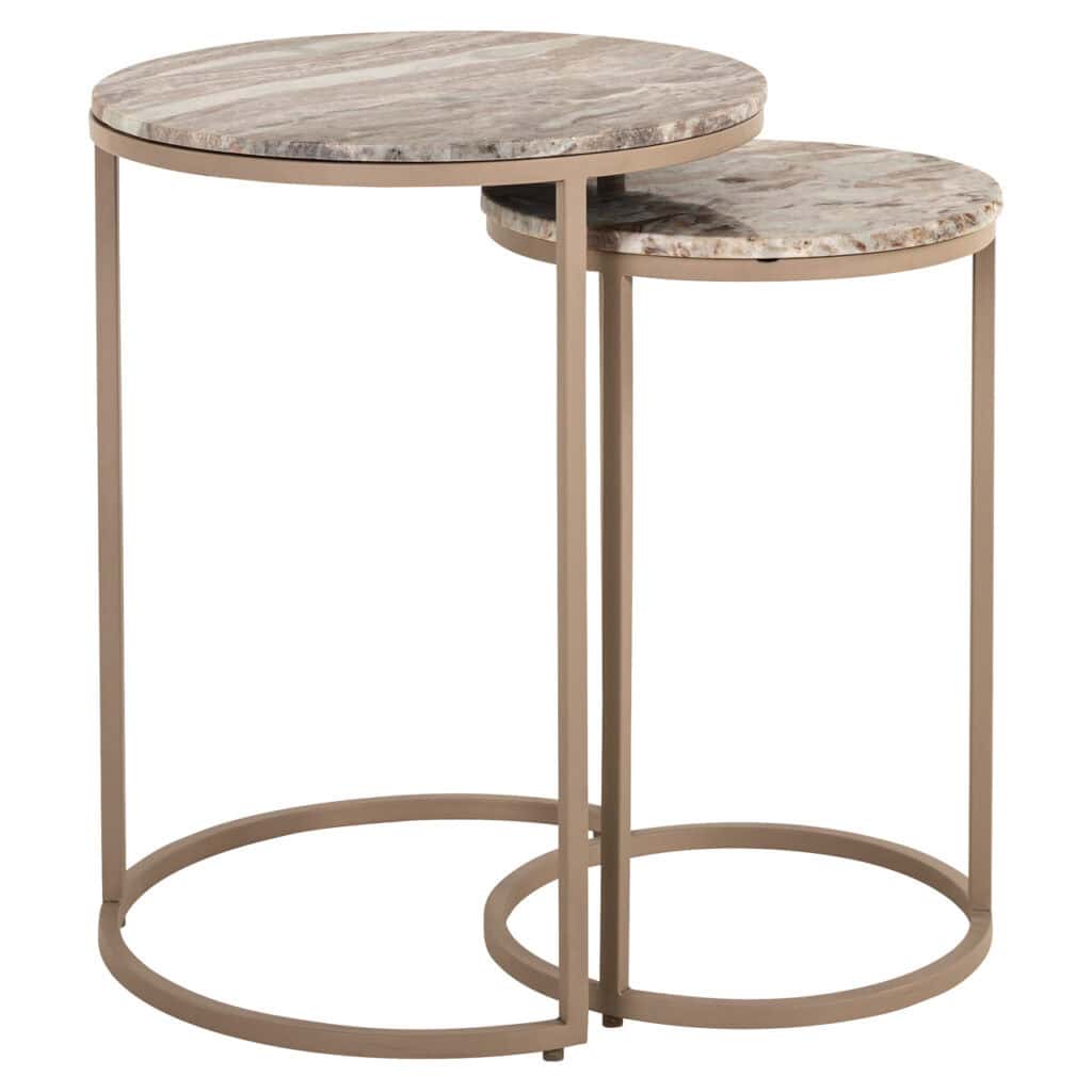 Lot de deux tables d'appoint Fairfax Clay plateaux en marbre et structure métallique.