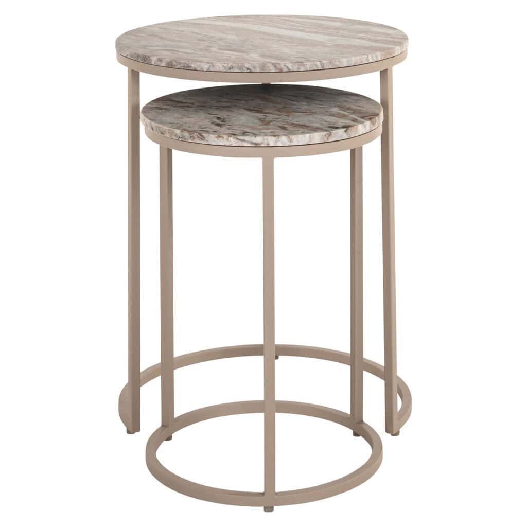 Lot de deux tables d'appoint Fairfax Clay plateaux en marbre et structure métallique.