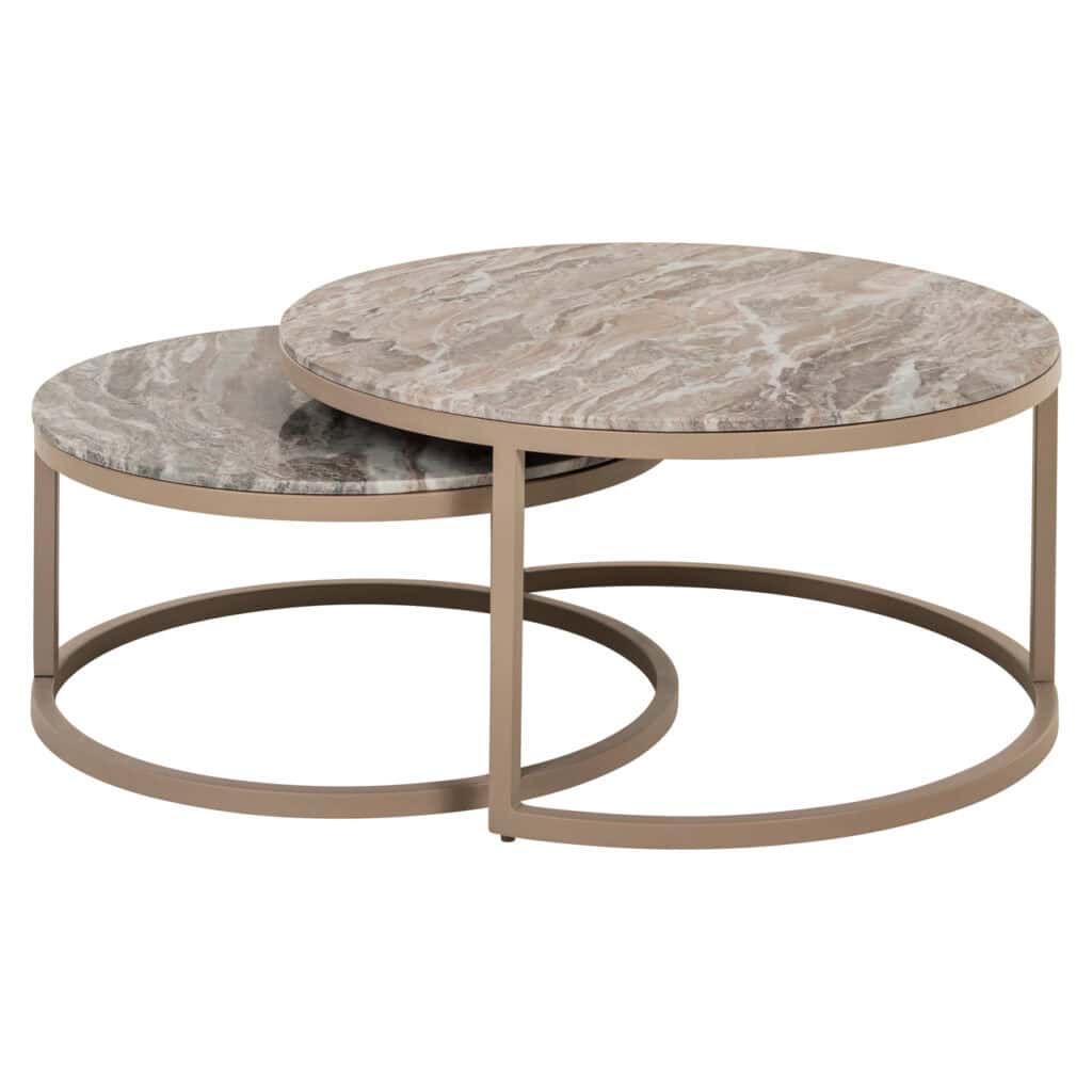 Modern marble coffee tables with metal frames, perfect for luxurious interiors.