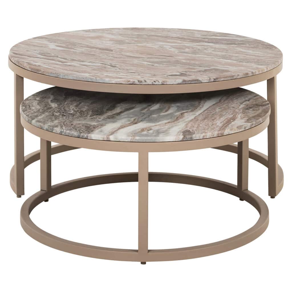 Marmeren salontafels met metalen frame voor moderne interieurs.