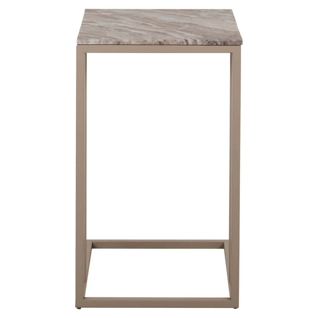 Moderner Beistelltisch mit Marmorplatte und Metallgestell.