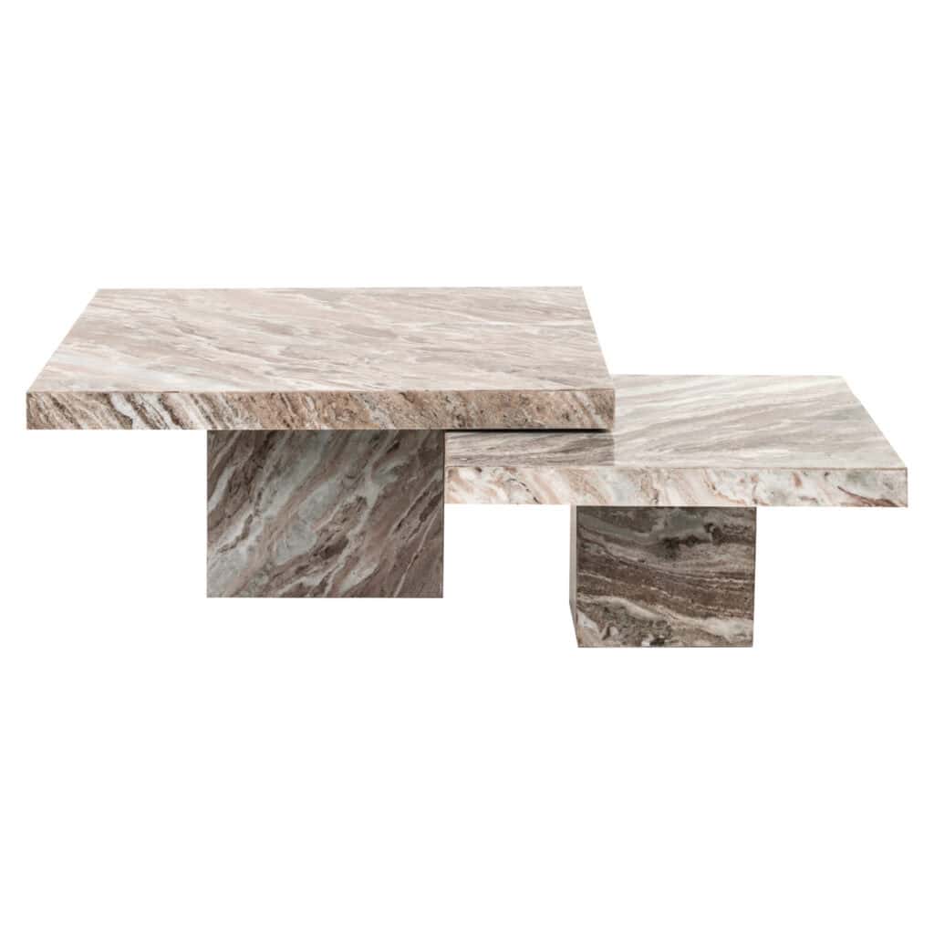 Lot de deux tables basses en marbre beige pour les intérieurs modernes.