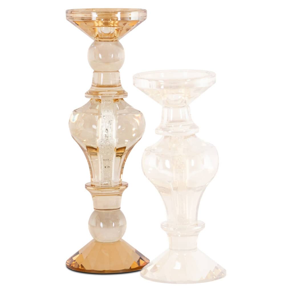 Elegante kandelaars Dilan in amber en helder glas, modern design voor interieurdecoratie.