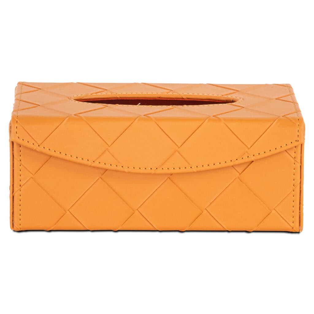 Orangefarbene Tissuebox mit Steppmuster zur Dekoration.