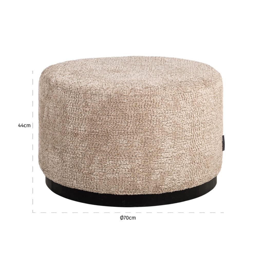Round beige ottoman with a black base, 70 cm in diameter, 44 cm high, modern design.
