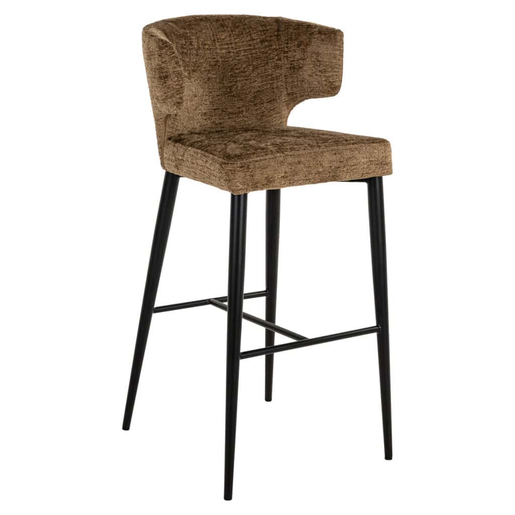 Modern bar stool with brown velvet upholstery and black legs.