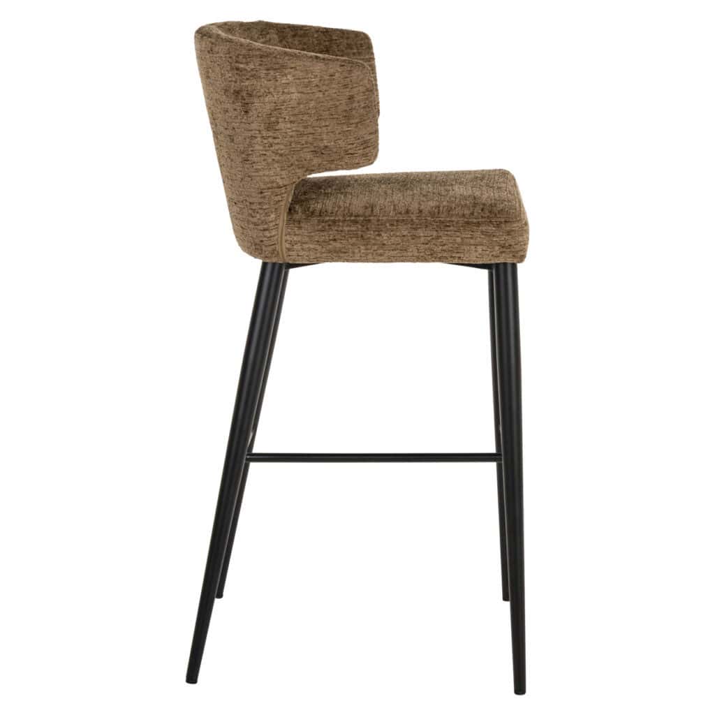 Modern bar stool with brown upholstery and black legs.